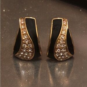 Vintage Signed Monet Art Deco Black Enamel and Rhinestones Pierced Earrings